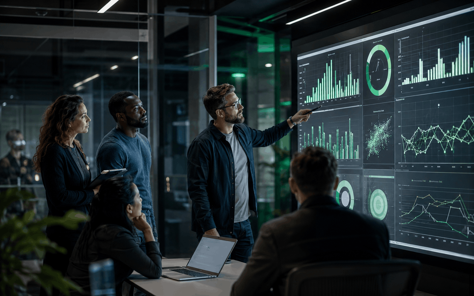 Ședință de strategie cu dashboard-uri KPI și hărți de performanță